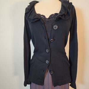 Nick & Mo Black Cardigan Sweater Ruffle Collar Button Down Womens‎ Oversized S